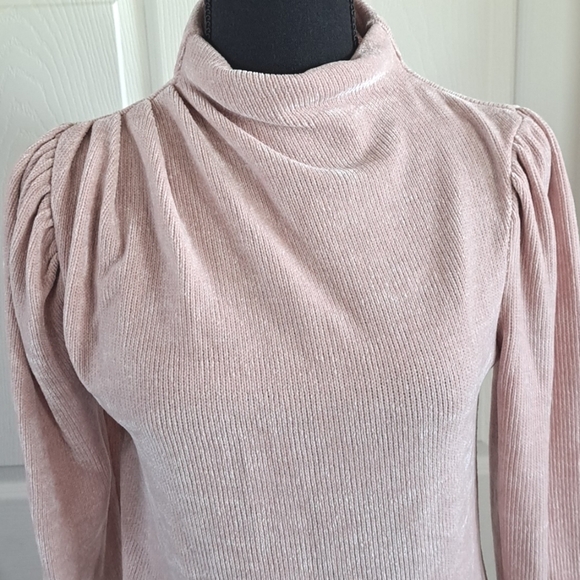 Express Mock Neck Ruched Puffed Sleeves Pullover Knit Baby Pink Sweater - Picture 2 of 9